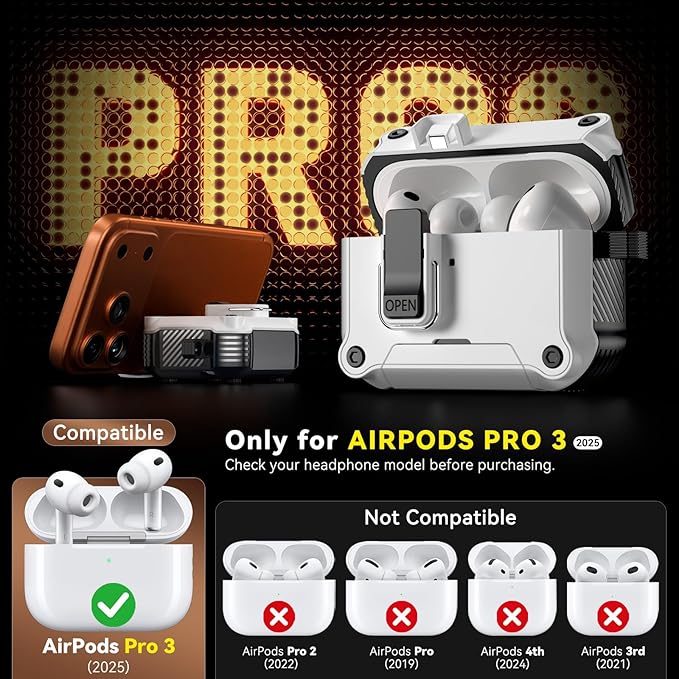 Inesore Compatible with AirPods Pro 3 Generation Case,Secure Lock & Phone Stand Design,Compatible with MagSafe,Automatic Snap Switch Secure Cover for New AirPods Pro 3rd (2025)-White