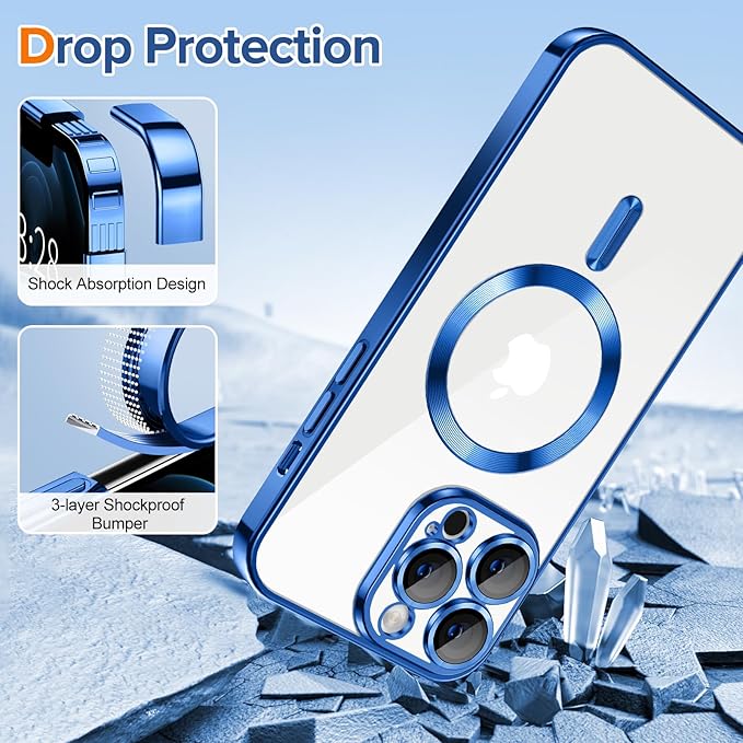Hython Magnetic Clear for iPhone 12 Pro Case with Camera Lens Protector [Compatible with MagSafe] Luxury Plating Edge Slim Soft TPU Cover Protective Phone Case for iPhone 12 Pro 6.1", Deep Blue