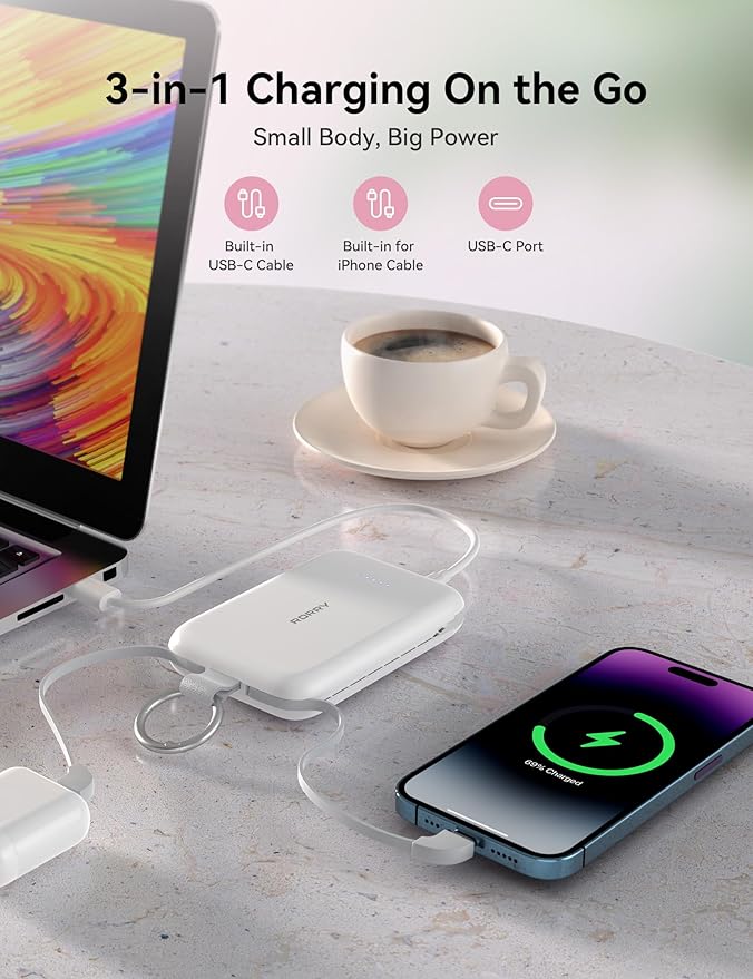RORRY CharmGo Portable Charger, 10000mAh PD 30W Fast Charging Portable Charger Power Bank with Built-in Cables, Travel Keychain Charger Battery Pack for iPhone 17/16/15, for AirPods 2/3/4/Pro, Pink