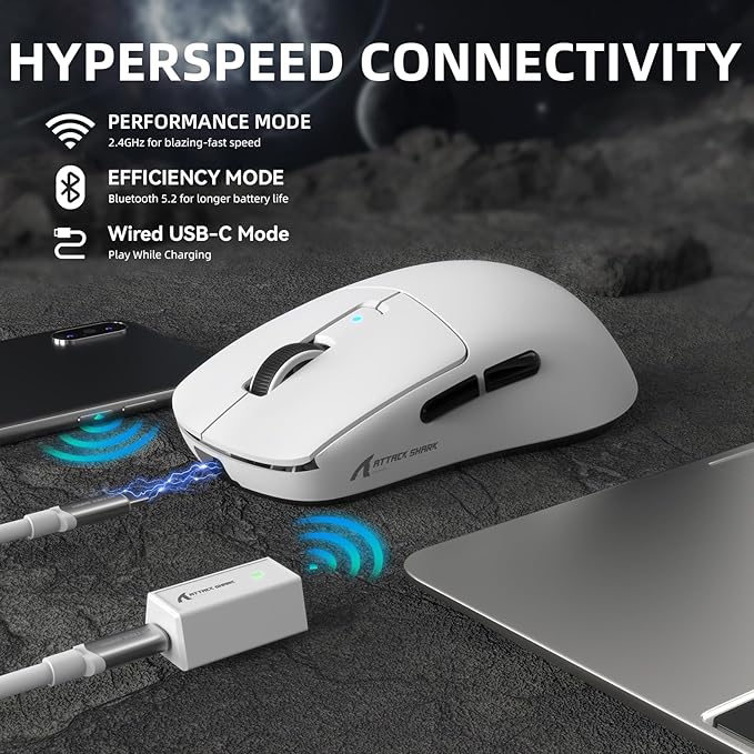 ATTACK SHARK R6 39g Superlight Wireless Gaming Mouse,PixArt PAW3950MAX 42000 DPI,MCU Nodic 52840 Computer Mouse,8K Polling Rate Web Driver,BT/2.4Ghz/Wired Tri-Mode Mice with Coiled Cable-White