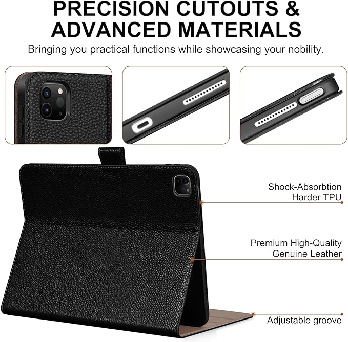 Genuine Leather Case for iPad Pro 13 inch (M5/M4) 2025/2024 with Pencil Holder | Slim Protective Cover with Adjustable Stand,Magnetic Closure,Auto Wake/Sleep, Premium Leather | Black