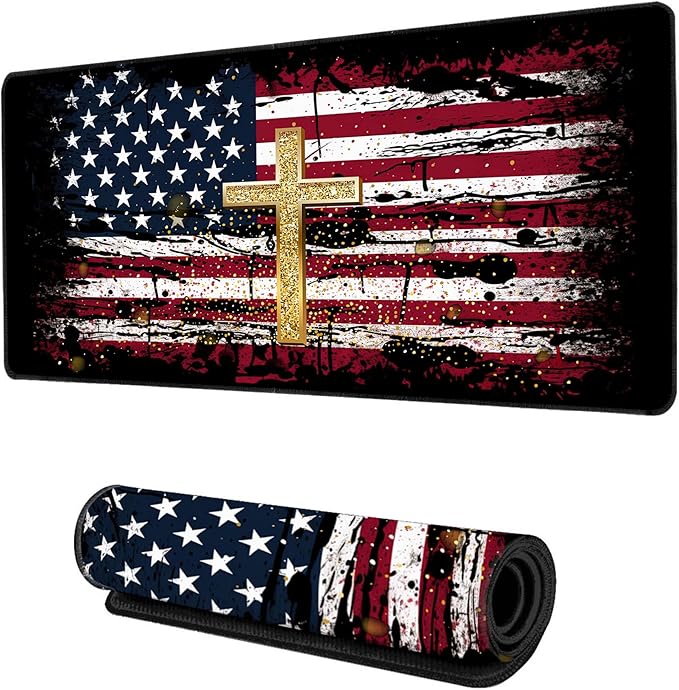 Desk Mat,American Flag Jesus Cross Mouse Pad Large Gaming for Desk,Non-Slip Rubber Base Mousepad,31.5x15.7 Inch for Office Home Work & Game