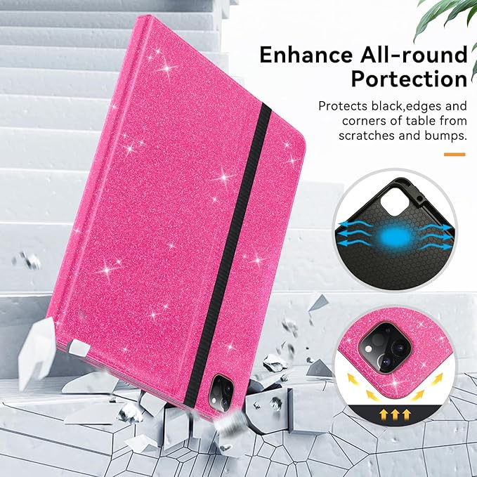 Zonefoker Case for New iPad Pro 12.9 inch 6th/5th/4th/3rd Generation 2022/2021/2020/2018, 12.9'' ipad Pro Leather Protective Cover 6/5/4/3 Gen with Pencil Holder, Auto Wake/Sleep, Glitter Pink