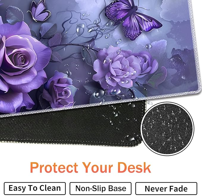 Extended Non-Slip Mouse Pad + Mouse Wrist Rest + Lace-Shaped Coaster Set, Ergonomic Design, Suitable for Desk and Home Gaming Table Mat, Purple Rose