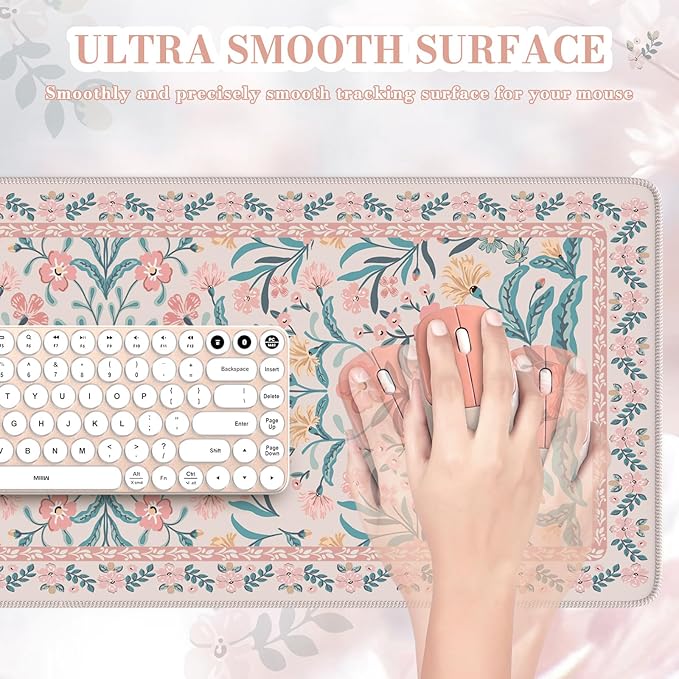 iCasso Aesthetic Floral Desk Mat, L Mouse Pads, Anti-Slip Mousepad with Stitched Edges, Waterproof Computer Pad 11.8"x31.5", Desk Accessories Office Decor for Women(Pink Floral)