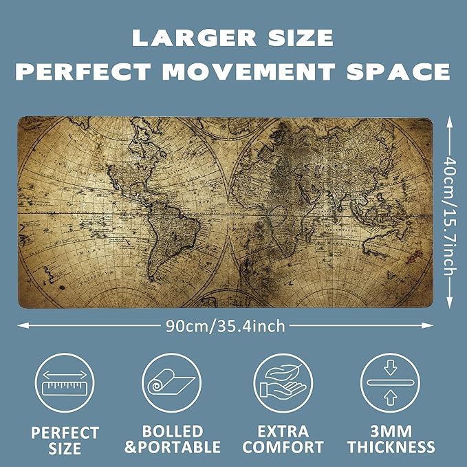 Large Mouse Pad Retro Map Extended Gaming Mouse Pad Non-Slip Desk Mat with Stitched Edge Laptop Computer Keyboard Mousepad for Office Home 35.4" x 15.7"