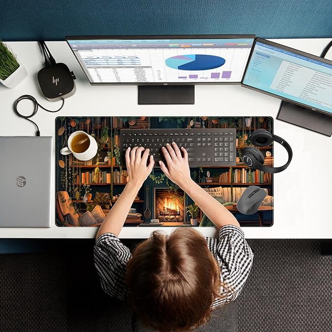 Large Mouse Pad Cozy Library, Extended Full Desk Mouse Mat Gaming Desktop Pad, Computer Keyboard Mat XXL, Vintage Office Decor Desk Laptop Cover Mat Big, Aesthetic Desk Accessories 31.5x15.7 Inch