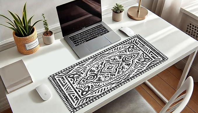 French KOKO Desk Mat, Large Desk Pad Large Mouse Pad Cute Desk Accessories Home Office Essentials XL Desk Mat Desk Pad Keyboard Mouse Desk Pads Computer Cute Women Girls (Black White Rug, 36" x 16.5")