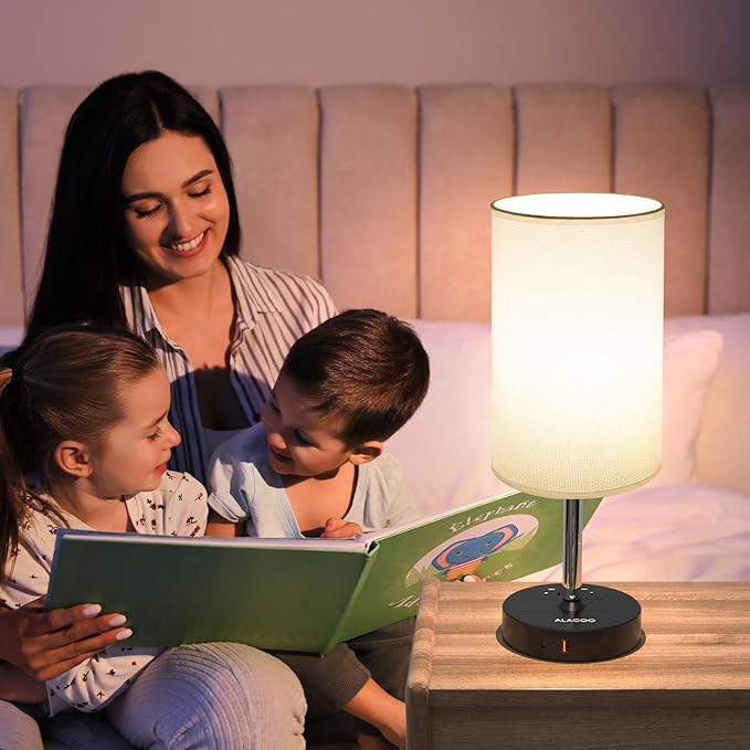 Small Bedside Table Lamp for Bedroom - 3 Way Dimmable Touch Lamp with USB Charging Station and AC Outlet, Wood Base & Fabric Linen Lampshade for Office, Living Room, Dorm, Black-White, (LED Included)