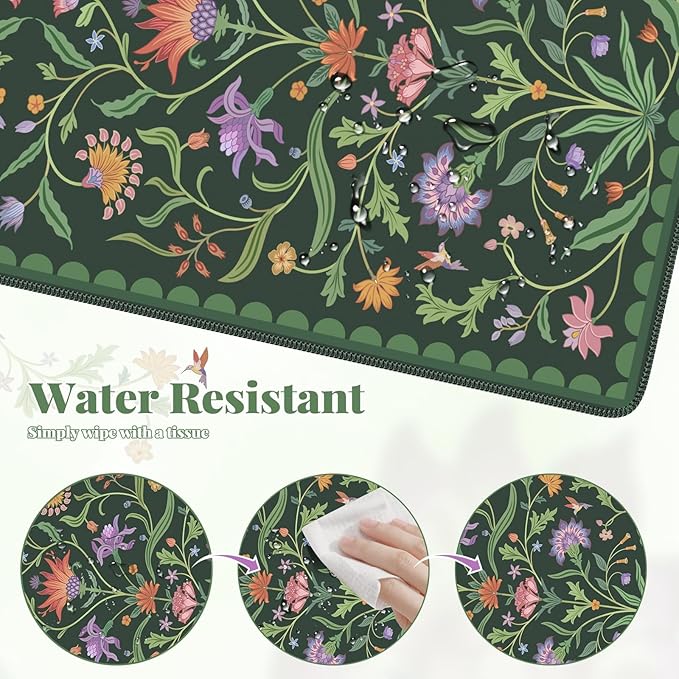 iLeadon Desk Mat for Keyboard and Mouse, Large Floral Computer Cover Mats with Smooth Lycra Surface,Full Desk Mouse Pad for Laptop,Keyboard Mat for Office,Home, Dark Green
