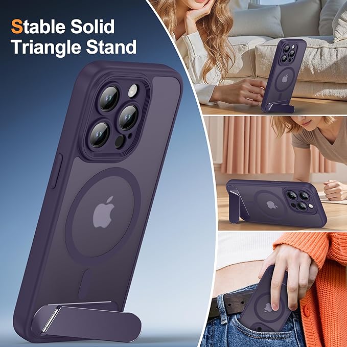 Magnetic for iPhone 15 Pro Case, [Built-in Kickstand][Full Camera Protection][Compatible with MagSafe][Anti-Fingerprint] Shockproof Phone Case for iPhone 15 Pro 6.1",Purple
