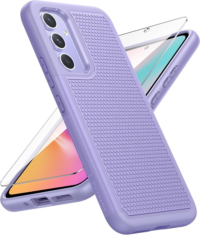 FNTCASE for Galaxy A54-5G Phone Case: Samsung A54 5G Military Grade Drop Protection, 14ft Drop Tested, Screen Protector Included, Anti-Slip Textured, TPU+PC Dual Layer Shockproof Cover (Light Purple)