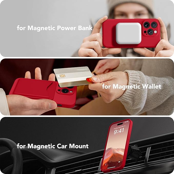 Magnetic for iPhone 13 Pro Max Case, Compatible with MagSafe, [Full Camera Protection][Screen Protector] Silicone Shockproof Protective Phone Case for iPhone 13 Pro Max 6.7", Deep Red