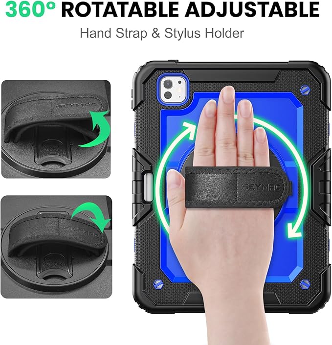 SEYMAC for iPad Pro 11 Inch Case M5 2025 / M4 2024, Heavy Duty Shockproof Protective Case with Screen Protector, 360° Rotating Stand, Hand/Shoulder Strap and Pen Holder, Blue