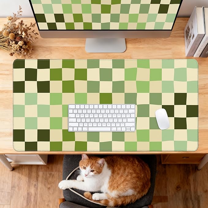 Desk Cover Mat, XXL Large Mouse Pad, Cute Desk Pad Decor for Office Game Home 31.5 X 15.7 Inch (Green Checkered)