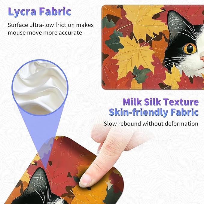 Large Mouse Pad Set, Desk Mat + Elbow Rest Pad + Coaster, Easy Typing Pain Relief, Ergonomic Arm Rest Pad with Memory Foam, Extended Desk Pad Anti-Slip Rubber Base for Office Home, Autumn Cat
