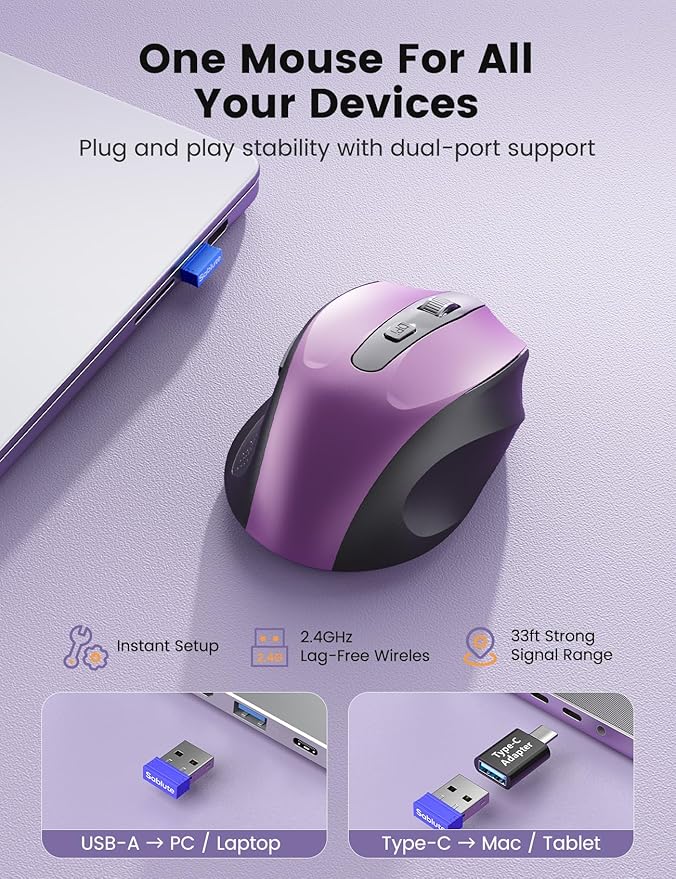 SABLUTE Purple Wireless Mouse for Laptop, 2.4GHz Computer Mouse with USB-A&C Receiver, Office Cordless Mice with 6 Buttons & 3 Level DPI for Small to Medium Hands, Compatible with PC, Desktop, Tablet
