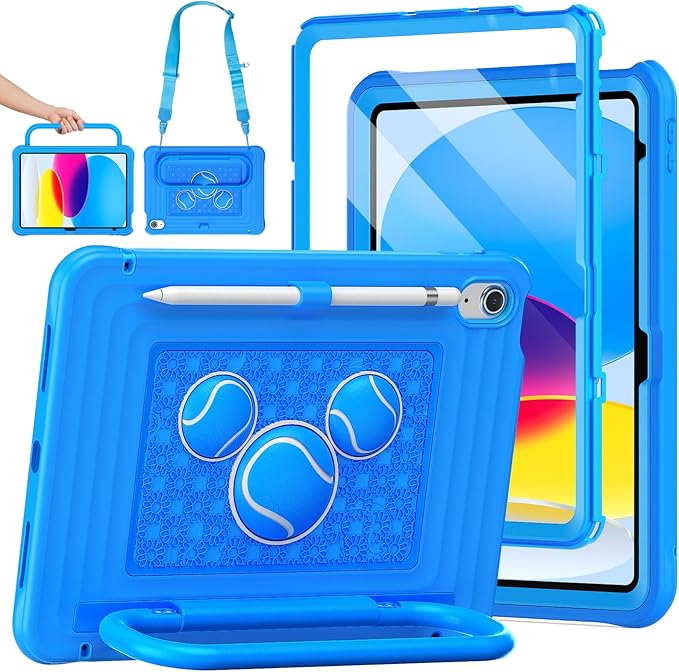KAIJIAbox Kids Case for iPad A16 11th Generation 11 inch 2025/10th Generation 10.9” 2022- Military-Grade Rugged Drop Protection with Metal Handle/Stand, Screen Protector,Shoulder Strap-Blue