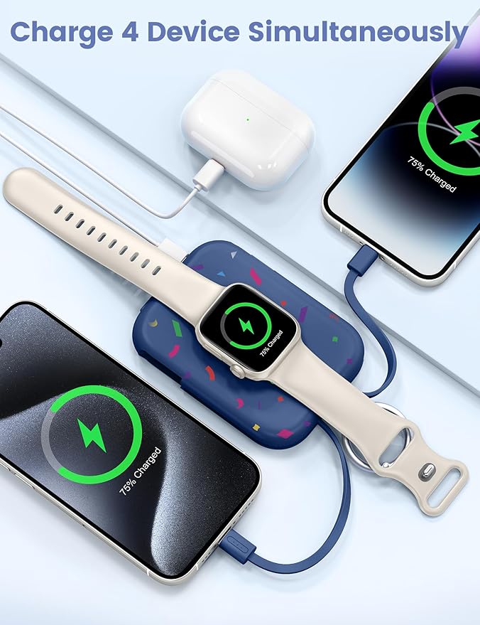RORRY Portable Charger, 5000mAh Portable Charger Power Bank with Built-in Cables, Travel Keychain Battery Pack for Apple Watch Ultra/11/10/9/8/7/6/SE, iPhone Air/17/16/15/14/13/12, Confetti-Deepblue