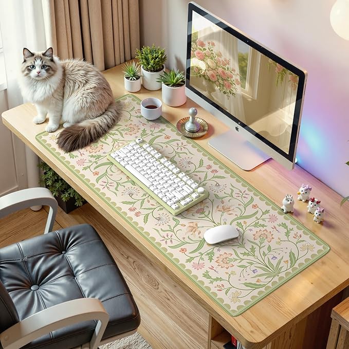 iLeadon Desk Matt for Desktop, Large Floral Stitched Edges Long Full Desk Mat for Laptop, Soft Mouse Pad for Keyboard, Green Desk Keyboard Mat for Office Home Beige/Green