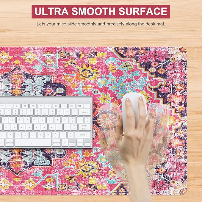 iLeadon Large Boho Desk Mouse Pad Mat,Computer Desk Cover Mat with Smooth Lycra Surface,Rubber Base Mousepad with Stitched Edges,Keyboard Mat for Office,Home (Boho Floral)