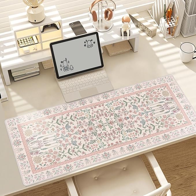 Baziabbo Pink Floral Desk Mat,XXL Extended Big Mouse Pad,Gaming Mousepad with Stitched Edge,Non-Slip Rubber Base Keyboard Desk Pad for Home Office Study Game