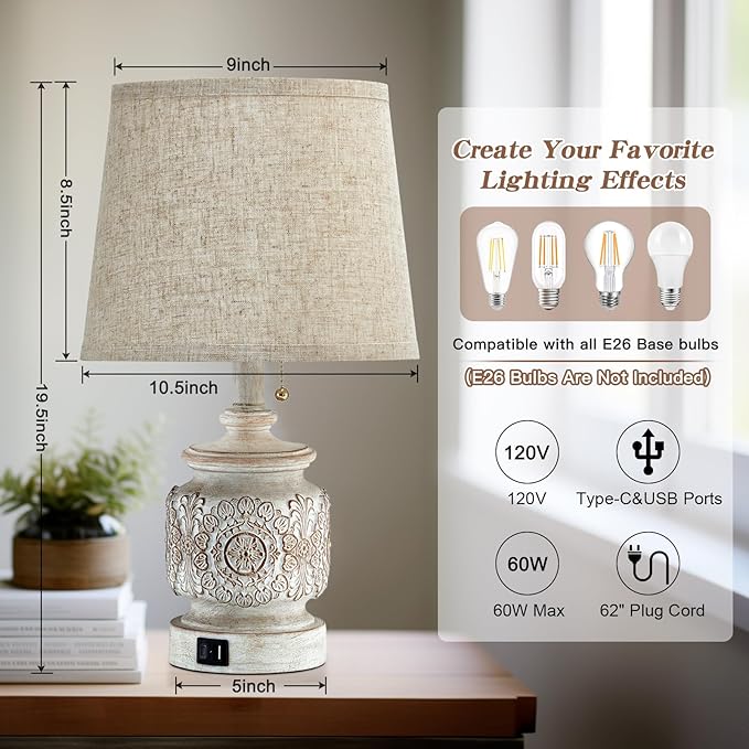 19.5" Farmhouse Vintage Table Lamps for Living Room Set of 2 Traditional Rustic Bedside Lamps for Bedrooms Nightstand with USB Ports Carved Floral Night Light Lamp for Office Decor,Pull Chain