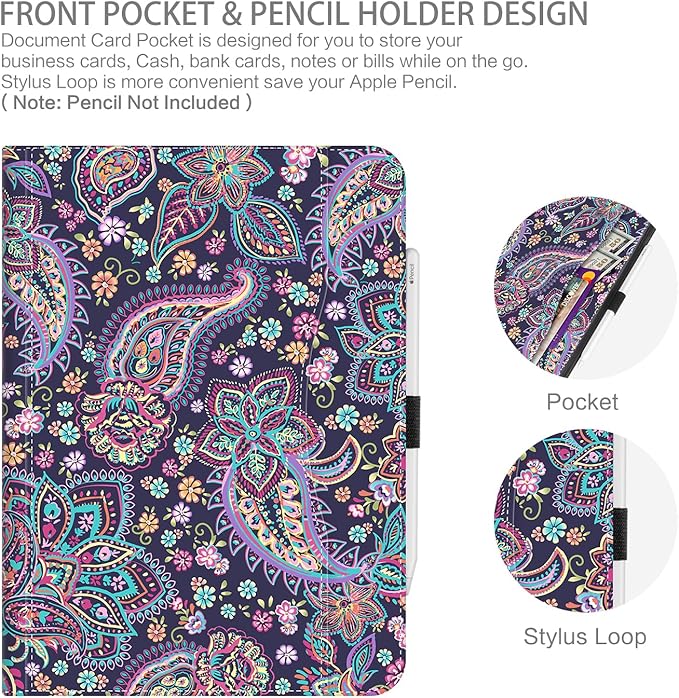 Case for iPad Air 13-inch ((M4/M3/M2)2026/2025/2024, iPad Pro 12.9 inch Case 6th/5th/4th/3rd Gen Pencil Holder, Multi-Angle Adjustable Stand Shockproof Pocket/Hand Strap/Auto Wake Sleep Paisley Floral
