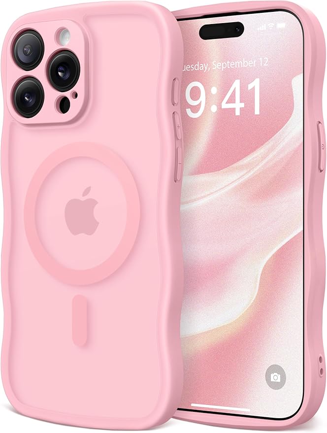 CAPRARO Cute for iPhone 14 Pro Case, Compatible with MagSafe, [Curly Wave Edge] [Full Camera Protection] [14 FT Drop Protection] Magnetic Phone Case for 14 Pro 6.1 Inch, Peach Pink