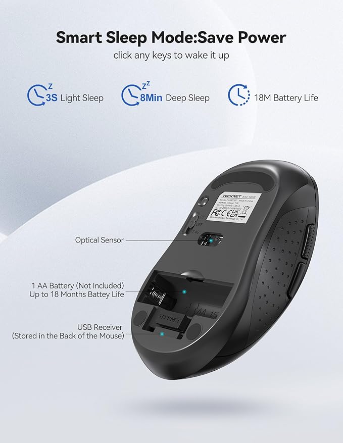 TECKNET Wireless Mouse for Laptop, 2.4G Ergonomic Optical Mouse Silent Bluetooth Mouse(BT5.0) 4000DPI Adjust, Computer Portable PC Quiet Mice with USB-A Receiver & 6 Buttons for Mac, 18 Months Battery
