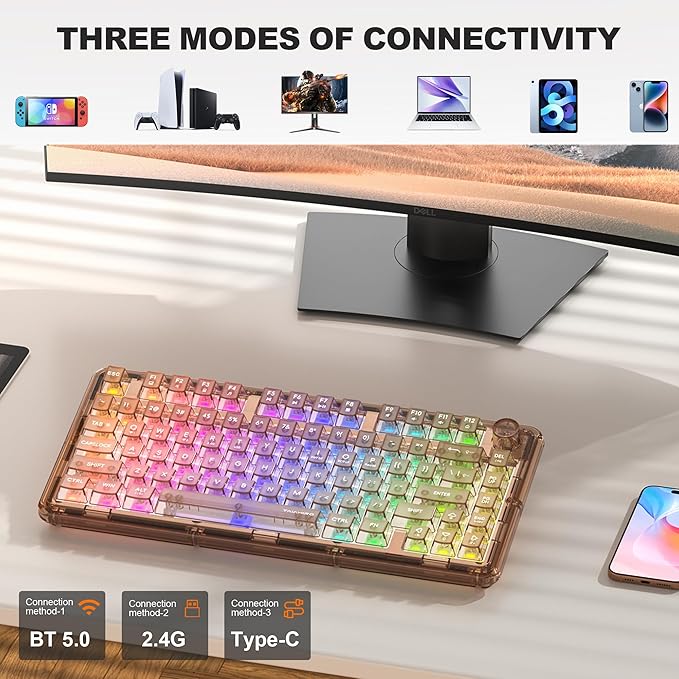 Transparent Mechanical Keyboard, 80-Key RGB Backlit Wireless Gaming Keyboards, Hot Swap Customizable Clear Acrylic Design, Quiet Linear Switches, 3 Modes BT5.0/2.4G/USB-C 4000mAh Battery (Brown)