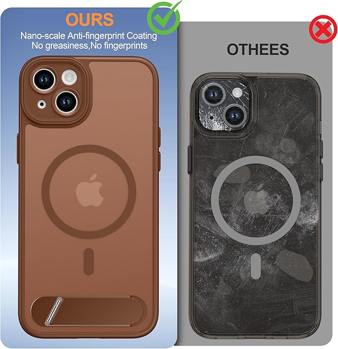 Magnetic Compatible with iPhone 15 Plus Case, [Built-in Kickstand][Full Camera Protection][Compatible with MagSafe][Anti-Fingerprint] Shockproof Phone Case for iPhone 15 Plus 6.7",Brown
