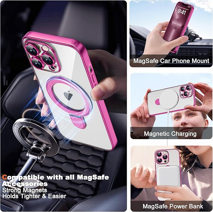 Compatible with iPhone 13 Pro Max Case with Magnetic Ring Stand [Compatible with Mag-Safe] [Full Camera Lens Protector] Soft Plating Clear Phone Case for iPhone 13 Pro Max 6.7", Rose