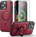 Compatible with iPhone 14 Pro Max Case with Stand, Compatible with MagSafe, Slim PU Leather & Durable TPU Protective Cover Drop-Proof with Tempered Glass Screen Protector 6.7", Red