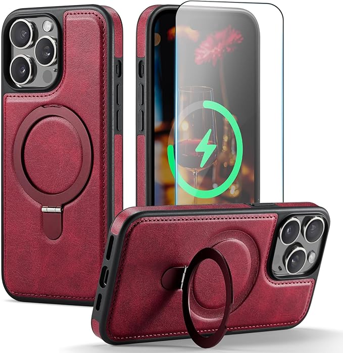 Compatible with iPhone 14 Pro Max Case with Stand, Compatible with MagSafe, Slim PU Leather & Durable TPU Protective Cover Drop-Proof with Tempered Glass Screen Protector 6.7", Red