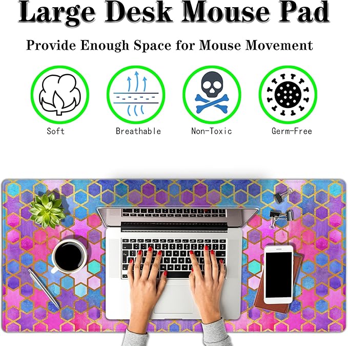 Large Desk Pad Purple Pink Full Desk Mat, Keyboard Gaming Mouse Pad Women Office Decor Big Mousepad, Cute Desk Mat Non-Slip Rubber Base, 35.4" X 15.7" for Work/Game/Office Watercolor Abstract
