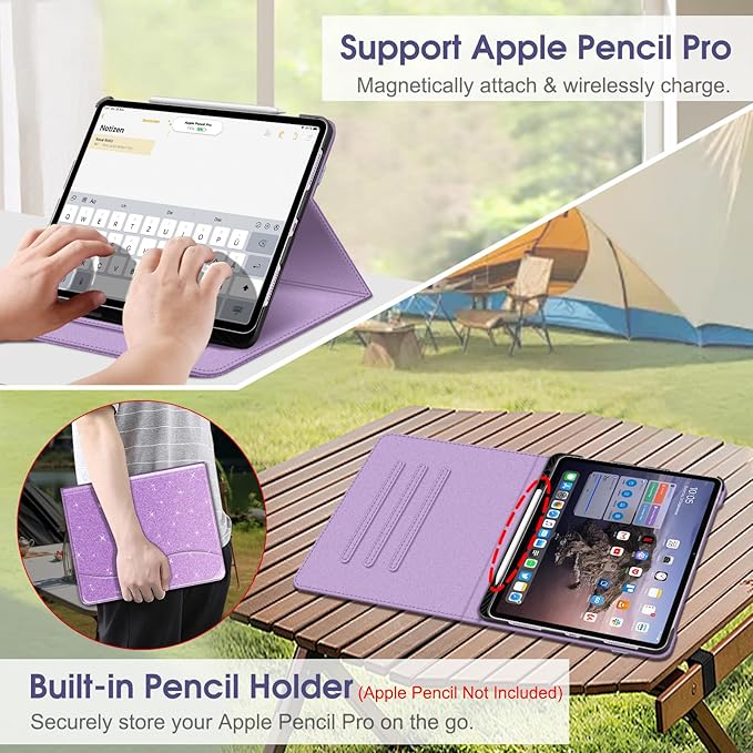 Fintie Folio Case for iPad Air 13-inch M4/M3/M2 (2026/2025/2024), Multi-Angle Viewing Protective Stand Cover with Pencil Holder & Pocket, Auto Sleep/Wake, Glittering Purple