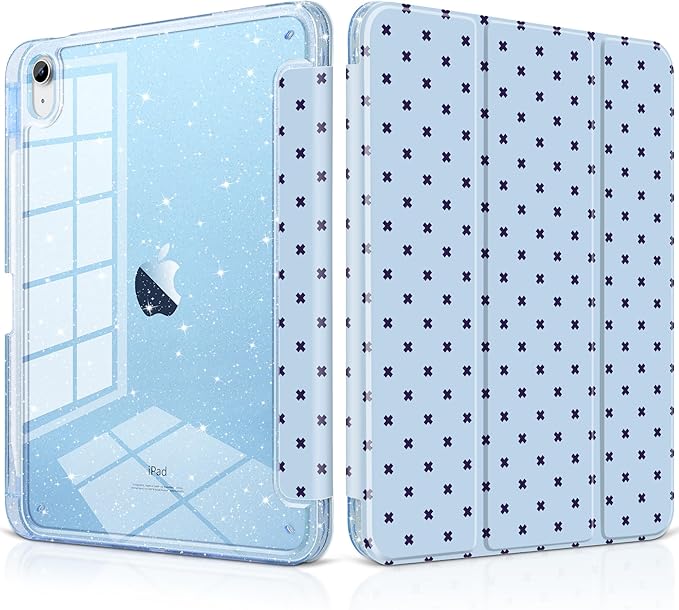 DONGKE for iPad Pro 11 inch Case – Fits M5 2025 / M4 2024, Shockproof Sparkling Glitter Acrylic Back, Pencil Holder, Trifold Stand, Auto Sleep/Wake & Touch ID Support - Blue Cross Dot