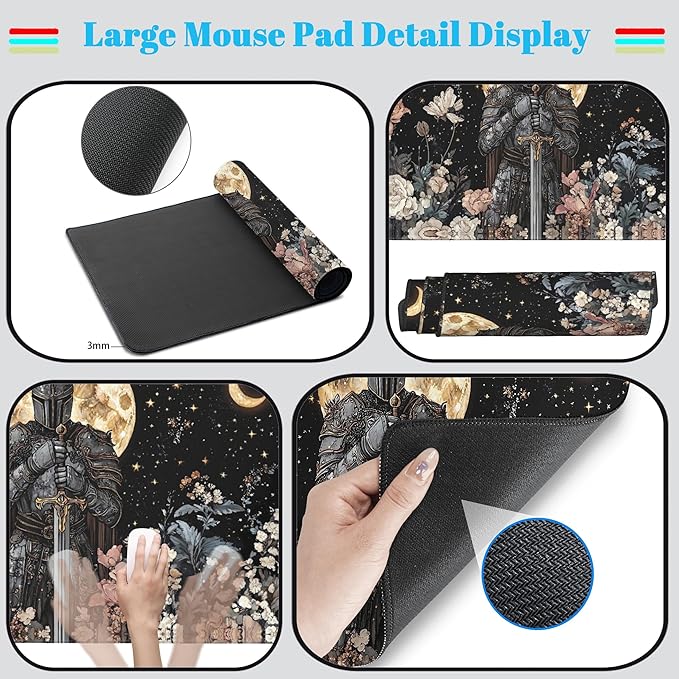 Cute Vintage Floral Mouse Pad Warrior Gaming Desk Mat Retro Flowers Mousepad XXL Large Extended Boho Aesthetic Desk Pad, Laptop Computer Keyboard Mouse Mat, Desktop Pad Mat for Women 31.5x15.7 in