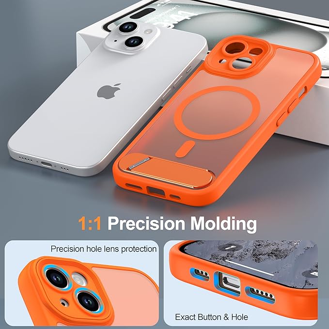 Magnetic Compatible with iPhone 15 Plus Case, [Built-in Kickstand][Full Camera Protection][Compatible with MagSafe][Anti-Fingerprint] Shockproof Phone Case for iPhone 15 Plus 6.7",Orange