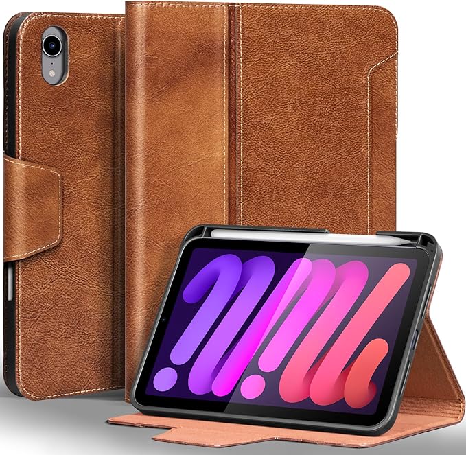 Gexmil Premium Leather Case for iPad mini 7 (A17 Pro) 2024 / iPad mini 6 Generation 2021 8.3 Inch,Pencil Holder, Magnetic Closure,Shockproof Cowhide Cover,Adjustable Stand,Vegetable Tanned Brown