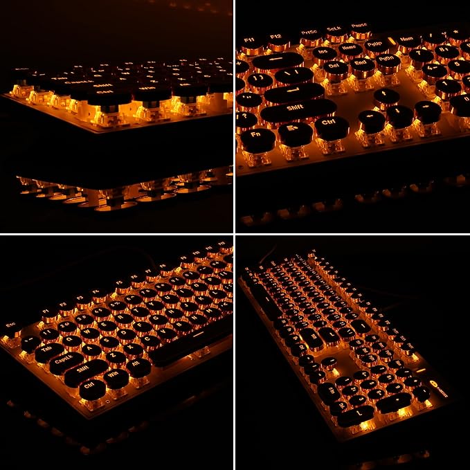 Camiysn Typewriter Style Mechanical Keyboard, Retro Punk Gaming Keyboard with Gold LED Backlit, Cute Wired Keyboards,104 Keys Full Size Keyboards, Uique Round Keycaps for Windows/Mac/PC(White&Gold)