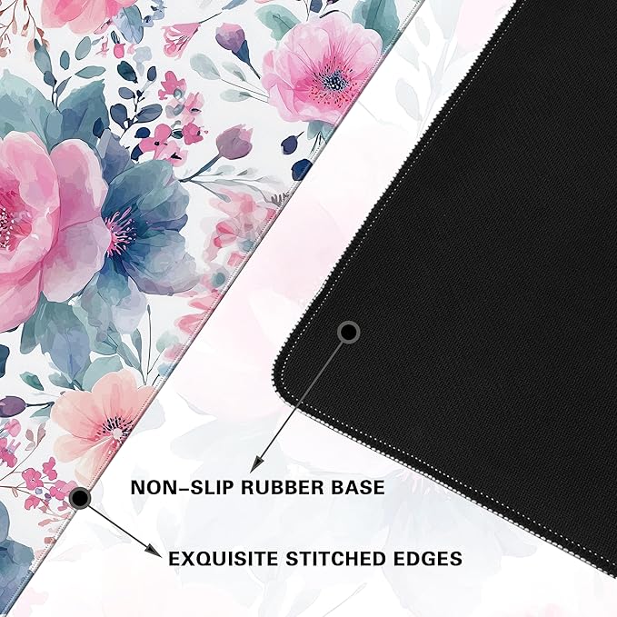 Desk Cover Mat, Floral Large Mouse Pad, Computer Laptop Mat Desk Decor for Women Girls 31.5 X 15.7 Inch (Watercolor Pink Flowers)