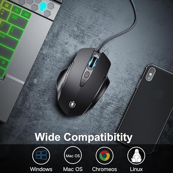 Uineer Wired Mouse, USB Mouse Wired with 6 Buttons Ergonomic Design,1.5M USB Cable Computer mice 7200DPI Optical Mice for PC Laptop, Matte Black
