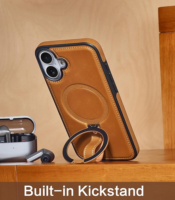 Butaiga for iPhone 17 Leather Case with Stand, Anti-Slip Grip Ring, Fits for MagSafe (Brown, iPhone 17)