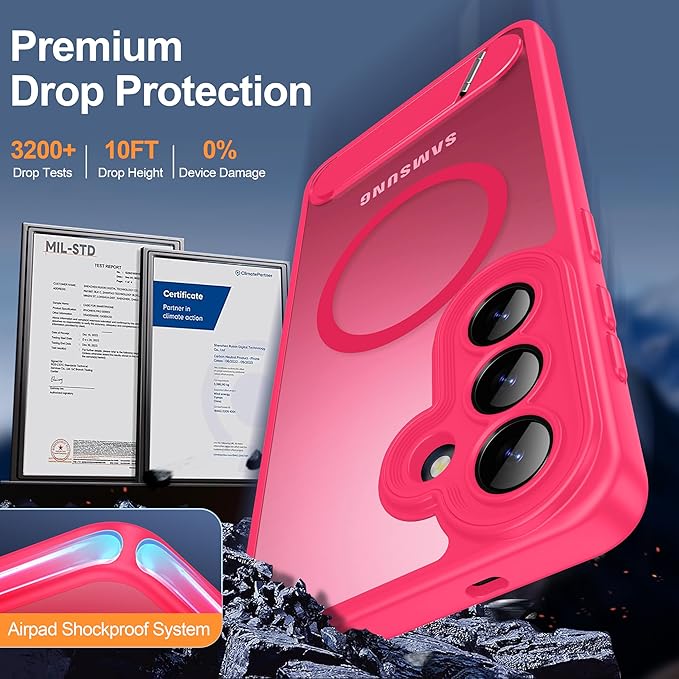 Magnetic for Samsung Galaxy S26 Case, [Compatible with MagSafe][Full Camera Protection][Built-in Invisible Kickstand] Translucent Matte Phone Case for S26 6.3" - Hot Pink