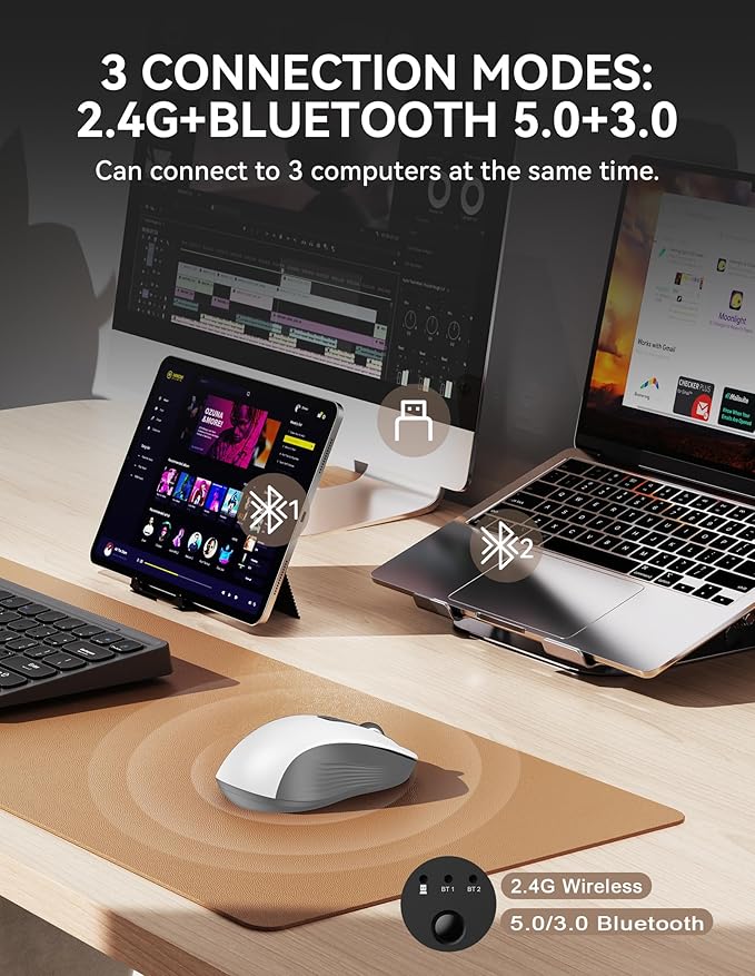 TECKNET Bluetooth Mouse, [ USB + BT1 + BT2 ] Wireless Mouse for Laptop, Silent Click, Ergonomic Design, 4800 DPI Computer Mice Wireless, Dual Mode for Laptop, Computer, iPad, MacBook