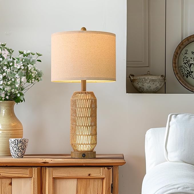 OYEARS 25" Table Lamps Set of 2 with Night Light,Bedside Lamps for Bedroom,Boho Lamps with USB C+A Charging Ports,Farmhouse Table Lamp with Rattan,Frosted Glass,Linen Shade,Wood Grain (Bulb Included)