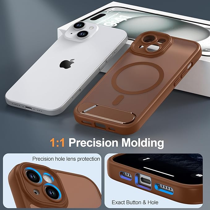 Magnetic Compatible with iPhone 15 Case, [Built-in Invisible Kickstand][Compatible with MagSafe][Full Camera Protection] Translucent Matte Phone Case for iPhone 15 6.1" Brown