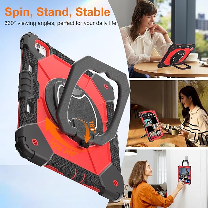 Case for iPad Pro 13 Inch M5 2025 / M4 2024, Auorld for iPad Pro 13 Inch M5 2025 with Screen Protector, 360 Degree Rotating Stand Shoulder Strap Pencil Holder, Black Red